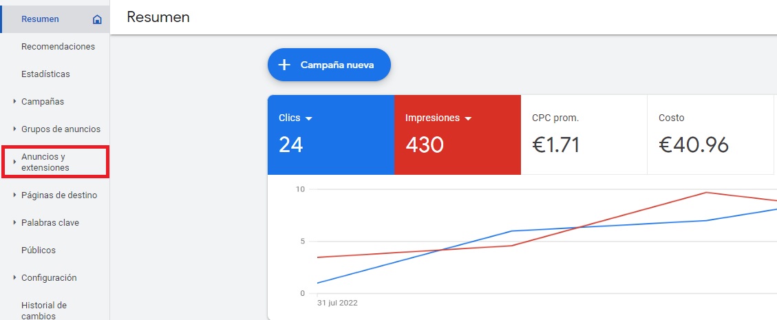 Pantalla resumen de campaña Google Ads