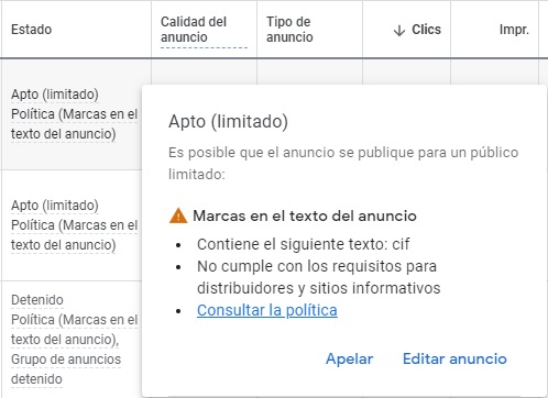 Información de un anuncio apto limitado